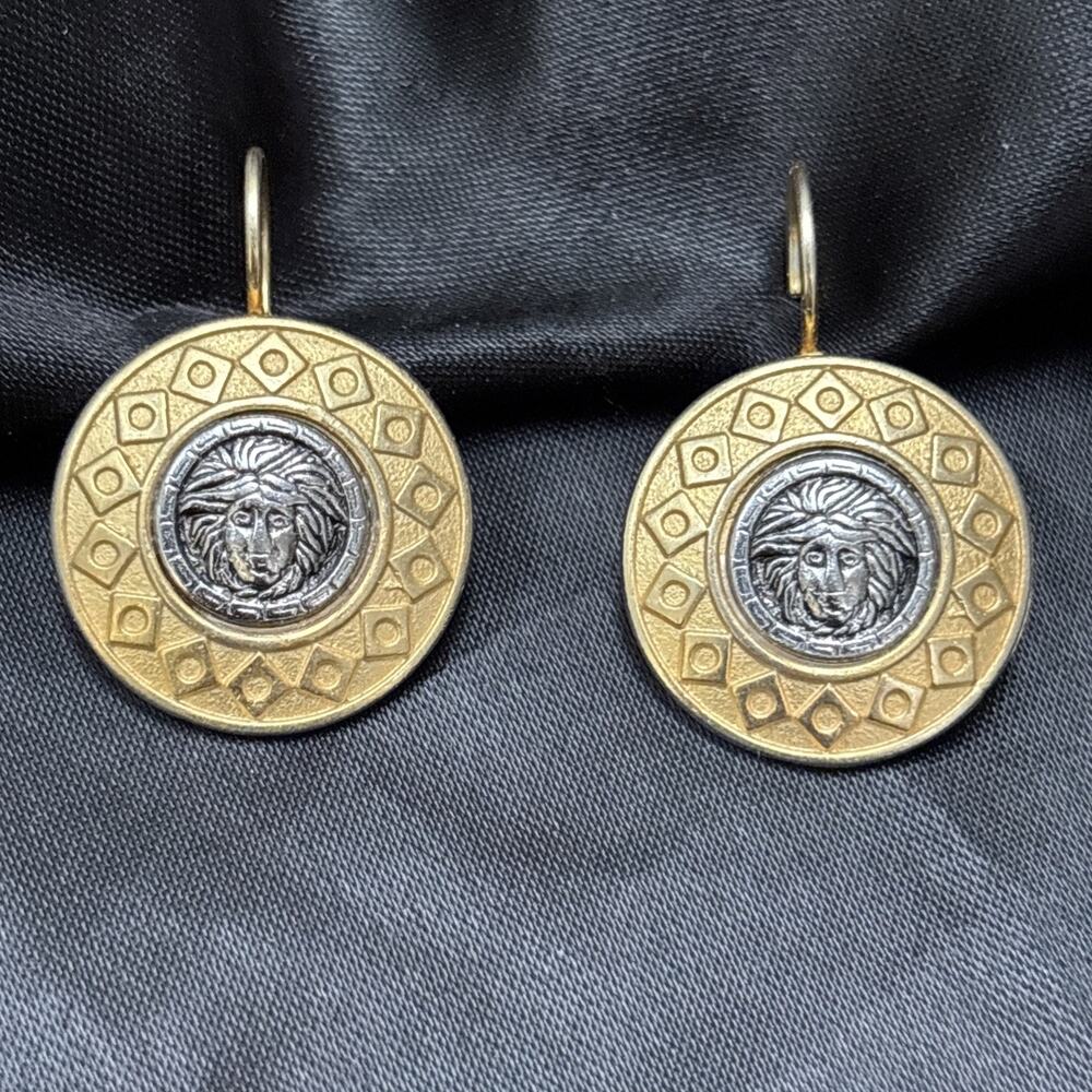 Vintage Multi Metal Lion Head Dangle Drop Stud Earrings Roman & Greek Style 3/4